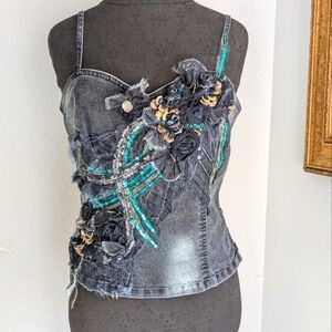 Denim Y2K Rosette and Sequin Fairy Subversive Corset Style Top